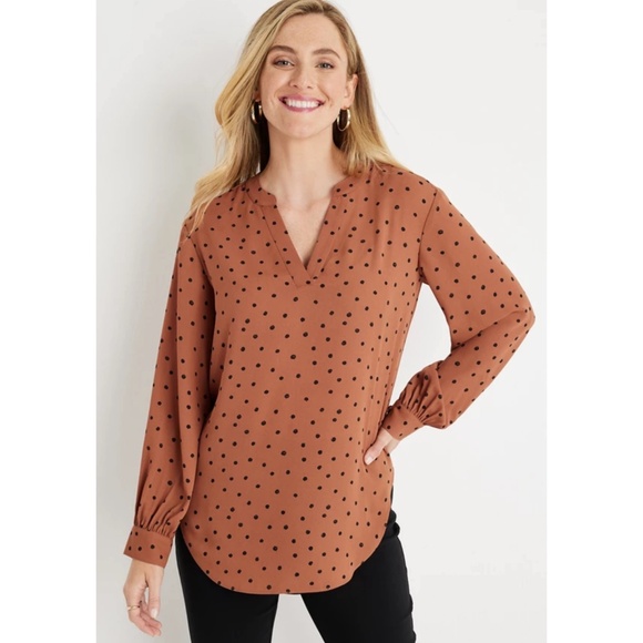 Maurices Women's Brown Black Atwood Tunic Polka Dot Blouse Size M - Picture 1 of 8